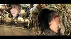  2girls aiming blonde_hair blue_eyes commentary ghillie_suit gun highres jjjehuty letterboxed looking_through_scope military multiple_girls one_eye_closed original rifle sniper_rifle sniper_team spotting_scope weapon white_hair 