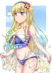  absurdres bikini blonde_hair blue_bikini blue_eyes blue_hairband blunt_bangs breasts cargo_net cowboy_shot double_bun female fletcher_(kancolle) fletcher_mk_ii_(kancolle) fletcher_mk_ii_(swimsuit_mode)_(kancolle) flower hair_bun hair_flower hair_ornament hairband highres kantai_collection large_breasts long_hair navel neckerchief nipa_(graf_xsr900) official_alternate_costume red_flower sailor_bikini sailor_collar sidelocks smile solo strapless strapless_bikini swimsuit yellow_neckerchief 