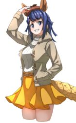  armadillo_ears armadillo_tail beige_jacket beret blue_eyes blue_hair brown_hat commentary cowboy_shot cropped_legs extra_ears female giant_armadillo_(kemono_friends) hand_in_pocket hand_on_headwear hat high-waist_skirt highres kemono_friends kemono_friends_3 long_sleeves official_alternate_costume pleated_skirt short_hair skirt solo sweater tanabe_(fueisei) turtleneck turtleneck_sweater white_sweater yellow_skirt 