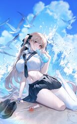  absurdres arm_support azur_lane between_breasts bird black_necktie black_skirt blue_sky bottle breasts crab crop_top female formidable_(azur_lane) hair_ribbon highres holding holding_bottle large_breasts long_hair navel necktie necktie_between_breasts red_eyes ribbon seabird seagull shoes single_thighhigh skirt sky solo starfish stomach thighhighs thighs twintails unworn_shoes very_long_hair wet white_thighhighs yu_jiu 