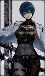  belt black_gloves blue_eyes blue_hair bodysuit border cleavage_cutout clothing_cutout coat coat_on_shoulders covered_navel cowboy_shot dragon earrings eastern_dragon eyelashes female fishnet_bodysuit fishnets floral_print fuchi_(hilt) glint gloves grey_coat hair_between_eyes hand_on_hilt highres holding holding_sword holding_weapon holster jewelry kashira_(pommel) katana long_eyelashes o-ring ootachi original parted_lips pink_lips satsuki_kei saya_(scabbard) scabbard see-through sheath sheathed short_hair solo sword sword_on_back thigh_strap tsuka-ito turtleneck unsheathing weapon weapon_on_back 