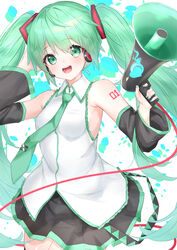  :d bare_shoulders black_skirt black_sleeves blush breasts collared_shirt commentary detached_sleeves female green_eyes green_hair green_nails green_necktie hair_between_eyes hair_ornament hands_up hashiko_nowoto hatsune_miku headphones headset heart heart_print highres holding holding_megaphone long_hair long_sleeves megaphone nail_polish necktie open_mouth pleated_skirt round_teeth shirt skirt sleeveless sleeveless_shirt small_breasts smile solo supercell_(band) teeth tie_clip twintails upper_teeth_only very_long_hair vocaloid white_shirt 