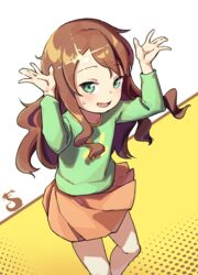  arms_up blush brown_hair character_name commentary cowboy_shot driftingtiger english_commentary female green_eyes green_shirt highres kobayashi-san_chi_no_maidragon logo long_hair long_sleeves looking_at_viewer open_hands open_mouth orange_skirt pleated_skirt saikawa_riko shiny_forehead shirt sidelocks skirt smile solo sparkle swept_bangs white_background yellow_background 