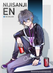  1boy black_nails black_sweater blue_hair brown_hair can character_name coca-cola copyright_name cosplay earrings english_commentary from_side glasses holding holding_can ike_eveland jewelry lanyard male_focus multicolored_hair nijisanji nijisanji_en ordif pants purple_footwear purple_pants selen_tatsuki selen_tatsuki_(1st_costume) selen_tatsuki_(cosplay) shoes sitting smile sneakers solo streaked_hair sweater virtual_youtuber 