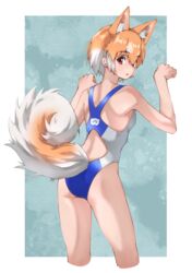  absurdres alternate_costume animal_ears bare_legs bare_shoulders blue_one-piece_swimsuit commentary competition_swimsuit cowboy_shot dog_(shiba_inu)_(kemono_friends) dog_ears dog_girl dog_tail extra_ears female from_behind highres japari_symbol kemono_friends light_brown_hair looking_at_viewer looking_back multicolored_hair one-piece_swimsuit paw_pose red_eyes short_hair sleeveless solo swimsuit tail tanabe_(fueisei) two-tone_hair two-tone_swimsuit white_hair white_one-piece_swimsuit 