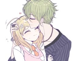  1boy ahoge akamatsu_kaede amami_rantaro blonde_hair blush bracelet closed_eyes closed_mouth collared_shirt commentary_request danganronpa_(series) danganronpa_v3:_killing_harmony earrings fc_(efushii) female green_hair hair_ornament heart jewelry long_hair long_sleeves messy_hair musical_note musical_note_hair_ornament necklace necktie pink_sweater_vest pink_vest ring school_uniform shirt short_hair simple_background smile straight striped_clothes striped_shirt sweater_vest upper_body vest white_background 