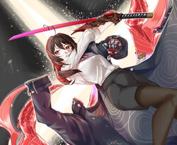  ahoge black_coat black_shorts boots breasts brown_hair brown_pantyhose card_in_mouth cinders coat cropped demon_wings devil_bringer devil_may_cry_(series) devil_trigger dress_shirt enma-chan falling female full_body gauntlets glowing highres holding holding_sword holding_weapon hololive hololive_english id_card katana looking_to_the_side medium_breasts mouth_hold multicolored_hair oni_gauntlet onimusha pantyhose photo_background red_eyes red_hair reference_request removing_coat shining shirt shorts sleeves_rolled_up solo starry_background sword two-tone_hair uhen virtual_youtuber weapon white_shirt wings 