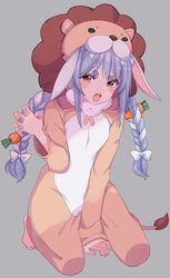  :o animal_costume animal_ears arm_support barefoot blue_hair blush_stickers braid breasts carrot_hair_ornament claw_pose cosplay cream_(nipakupa) don-chan_(usada_pekora) female food-themed_hair_ornament grey_background hair_ornament hikimayu hololive kigurumi kneeling lion_costume lion_hood long_hair looking_at_viewer multicolored_hair open_mouth orange_eyes rabbit_ears short_eyebrows small_breasts solo teeth thick_eyebrows twin_braids twintails two-tone_hair upper_teeth_only usada_pekora v-shaped_eyebrows virtual_youtuber white_hair 