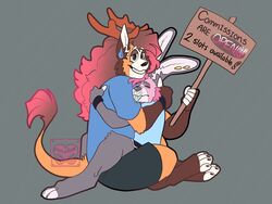  4:3 anthro blep bodily_fluids bracelet cuddling duo fur hair hi_res holding_object holding_sign jayden_power_(mini_river) jewelry long_hair mini_river multicolored_hair orange_body orange_fur pink_body pink_fur river_bawdy_(mini_river) sign sitting sweat tongue tongue_out 