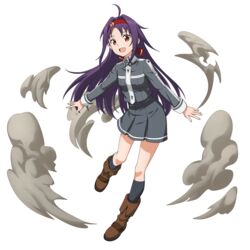  :d ahoge alternate_costume black_socks boots brown_footwear collared_jacket female floating_hair full_body grey_jacket grey_skirt hair_intakes headband high-waist_skirt highres jacket kneehighs long_hair long_sleeves looking_at_viewer miniskirt non-web_source official_art open_mouth pleated_skirt purple_hair red_eyes red_headband school_uniform skirt smile socks solo standing standing_on_one_leg sword_art_online sword_art_online:_alicization sword_art_online:_memory_defrag sword_mastery_academy_school_uniform transparent_background very_long_hair wing_collar yuuki_(sao) 