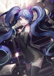  black_dress black_sleeves black_thighhighs blue_eyes blue_hair blue_nails breasts cleavage_cutout clothing_cutout commentary detached_sleeves dress female floating_hair ghost_rule_(vocaloid) grin hatsune_miku index_finger_raised long_hair long_sleeves looking_at_viewer medium_breasts nail_polish shiny_clothes shiny_legwear short_dress sleeveless sleeveless_dress sleeves_past_wrists smile solo standing thighhighs tictoc_mull twintails very_long_hair vocaloid zettai_ryouiki 