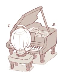  ahoge akamatsu_kaede chair chibi danganronpa_(series) danganronpa_v3:_killing_harmony eighth_note facing_away fc_(efushii) female from_behind grand_piano instrument long_hair long_sleeves monochrome music musical_note piano playing_instrument sitting skirt solo sweater_vest vest white_background 