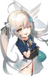  ;d ahoge alternate_hairstyle azur_lane black_gloves blue_shirt brown_eyes commentary cropped_legs english_commentary female fingerless_gloves gloves grey_hair hair_between_eyes hair_ornament highres janyhero long_hair looking_at_viewer one_eye_closed open_mouth panties seattle_(azur_lane) see-through shirt short_sleeves skirt smile solo twintails underwear very_long_hair white_background white_panties white_skirt 