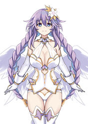  angel angel_wings ass_visible_through_thighs blue_eyes blush braid breasts cleavage feathered_wings female four_goddesses_online:_cyber_dimension_neptune gloves hair_ornament highres large_breasts leotard long_hair looking_at_viewer neptune_(series) purple_hair purple_heart_(neptunia) simple_background smile solo symbol-shaped_pupils twin_braids very_long_hair white_background white_wings wings zatsu 