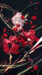  absurdres ahoge anna_schneider arm_up bare_shoulders black_pantyhose blue_eyes breasts cleavage closed_mouth commentary_request destiny_(takt_op.) detached_sleeves dress female flower goyain grey_hair hair_between_eyes hair_flower hair_ornament high_heels highres long_sleeves looking_at_viewer pantyhose petals red_dress red_flower red_footwear red_rose red_sleeves rose rose_petals shoes small_breasts smile solo strapless strapless_dress takt_op. 