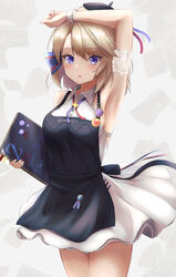  amano_kusatsu apron armpits azur_lane beret blonde_hair blue_apron blue_eyes blush collared_dress commentary cowboy_shot dress female hat highres holding holding_notebook legs_together looking_at_viewer notebook official_alternate_costume open_mouth short_hair sleeveless sleeveless_dress solo standing swept_bangs white_dress wrist_cuffs z23_(azur_lane) z23_(the_eyecatch_in_the_rye?)_(azur_lane) 