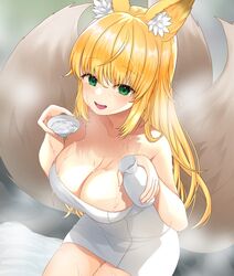  ahoge alcohol animal_ear_fluff animal_ears bare_arms bare_shoulders bath blonde_hair blush bottle breasts cleavage collarbone commentary_request cup female fox_ears fox_girl fox_tail from_above green_eyes holding holding_bottle holding_cup indie_virtual_youtuber large_breasts long_hair looking_at_viewer naked_towel oerba_yun_fang open_mouth original sakazuki sake shimonose_rina sitting skin_fang smile solo steam tail teltelhousi tokkuri towel virtual_youtuber wet 