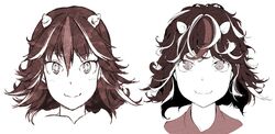  black_hair fangs female hi_you_(flying_bear) highres horns kijin_seija looking_at_viewer medium_hair messy_hair monochrome multicolored_hair red_theme revision short_hair simple_background small_horns smile streaked_hair touhou white_background 