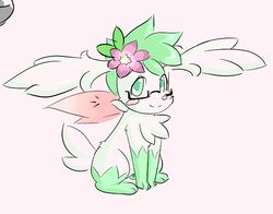  ambiguous_gender chessy_(shaymin) elemental_creature eyewear feral flora_fauna flower flower_(anatomy) g-raven generation_4_pokemon glasses hair head_flower legendary_pokemon looking_at_viewer nintendo plant pokemon pokemon_(species) shaymin sitting sky_forme_shaymin solo 