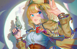  absurdres artofkuzu blonde_hair blue_eyes bob_cut breasts brown_capelet brown_hat brown_jacket capelet collared_shirt commentary female gun hair_ornament handgun hat high-waist_skirt highres holding holding_gun holding_weapon hololive hololive_english jacket medium_breasts necktie open_clothes open_jacket parted_lips red_necktie revolver shirt short_hair sideways_glance skirt solo stethoscope upper_body virtual_youtuber watson_amelia watson_amelia_(1st_costume) weapon white_shirt 