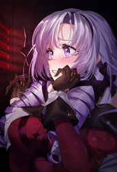  blush breasts brown_gloves claw_ring clenched_teeth crying crying_with_eyes_open dress drill_hair female gloves hair_ribbon highres hyakumantenbara_salome hyakumantenbara_salome_(1st_costume) in_locker juliet_sleeves large_breasts locker long_hair long_sleeves looking_away nijisanji puffy_sleeves purple_eyes purple_hair red_dress resident_evil resident_evil_village ribbon saru_(pixiv13751598) scared solo tears teeth upper_body virtual_youtuber 