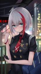  admiral_graf_spee_(azur_lane) admiral_graf_spee_(girl&#039;s_sunday)_(azur_lane) azur_lane bag black_dress blue_eyes blurry collared_dress commentary_request depth_of_field dress duplicate female hand_up highres looking_at_viewer multicolored_hair necktie night official_alternate_costume osisio outdoors photoshop_(medium) pixel-perfect_duplicate railing school_bag short_hair short_necktie short_sleeves smile solo streaked_hair upper_body white_hair 