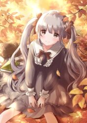  autumn bag black_dress blush bow brown_eyes dress female forest grey_hair hairbow highres hoshiibara_mato legs long_hair long_sleeves nature original outdoors pinafore_dress red_bow sailor_dress school_bag sitting sleeveless sleeveless_dress smile solo twintails 