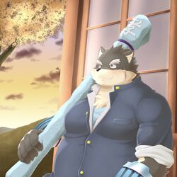  1:1 anthro canid canine canis clothing domestic_dog eyebrows hi_res homohomofever katana lifewonders male mammal melee_weapon moritaka_(tas) overweight overweight_male scar school_uniform solo sunset sword thick_eyebrows tokyo_afterschool_summoners uniform weapon 