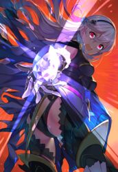  ass black_hairband black_leotard black_thighhighs blue_cape breasts cape corrin_(female)_(fire_emblem) corrin_(female)_(nohr_noble)_(fire_emblem) corrin_(fire_emblem) female fire_emblem fire_emblem_fates floating_hair from_behind from_below gauntlets grey_hair hairband leotard long_hair looking_at_viewer medium_breasts open_mouth panda_inu red_background red_eyes solo thighhighs very_long_hair 