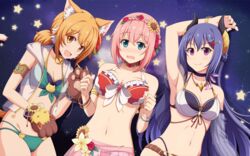  3girls :d animal_ear_fluff animal_ears animal_hands arm_up armlet bare_shoulders bell belt bikini black_bikini black_choker black_collar black_horns blue_eyes blue_hair blush bow bow_bikini bracelet braid breasts brown_belt brown_collar brown_gloves cat_ears cat_girl cat_paws cat_tail choker cleavage closed_mouth collar collarbone commentary_request cowboy_shot crown_braid curled_horns demon_girl demon_horns detached_sleeves flower flower_ornament frilled_bikini frills gloves green_bikini groin hair_between_eyes hair_flower hair_ornament hairclip halterneck hibiscus highleg highleg_bikini highres hiyori_(princess_connect!) hiyori_(summer)_(princess_connect!) hood hood_down hooded_jacket horns ishida_seito jacket jewelry large_breasts long_hair looking_at_viewer medium_breasts midriff multi-strapped_bikini multiple_girls navel neck_bell necklace nose_blush o-ring o-ring_bottom official_alternate_costume open_clothes open_jacket open_mouth orange_eyes orange_hair partial_commentary paw_gloves pink_hair princess_connect! purple_eyes red_bikini rei_(princess_connect!) rei_(summer)_(princess_connect!) sarong see-through see-through_jacket see-through_sarong short_hair sidelocks single_detached_sleeve sky sleeveless sleeveless_jacket small_breasts smile standing star_(sky) starry_sky sunflower sunflower_hair_ornament swimsuit tail white_bikini white_bow yui_(princess_connect!) yui_(summer)_(princess_connect!) zipper_pull_tab 