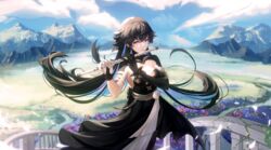  absurdres black_hair blue_hair breasts dress female field flute highres instrument long_hair mechanical_arms medium_breasts mountain outdoors punishing:_gray_raven selena:_capriccio_(punishing:_gray_raven) selena_(punishing:_gray_raven) solo xiaoshan_jiang 