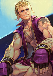  1boy arm_tattoo biceps black_gloves blonde_hair blue_eyes buzz_cut capcom_cup chest_tattoo fingerless_gloves gloves hair_slicked_back hungry_clicker luke_sullivan male_focus muscular muscular_male parted_lips pectorals purple_shorts purple_vest shadow short_hair shorts sitting smile solo street_fighter street_fighter_v tattoo very_short_hair vest 