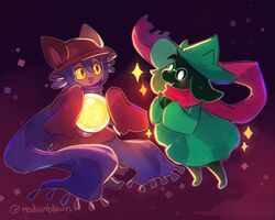  1boy 1other animal_ears artist_name blue_scarf blush cat_ears crossover deltarune furry goat green_headwear green_tunic horns light_bulb niko_(oneshot) oneshot_(game) open_mouth pink_scarf ralsei reidiantdawn scarf slit_pupils third-party_source tunic whiskers wizard 