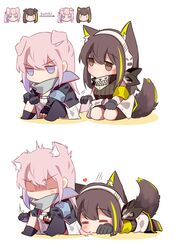  2girls absurdres anger_vein animal_ears armband black_gloves blush brown_eyes brown_hair chibi closed_eyes dog_ears dog_girl dog_tail english_commentary girls&#039;_frontline gloves headphones highres jacket long_hair long_sleeves m4a1_(girls&#039;_frontline) mask multicolored_hair multiple_girls pink_hair purple_eyes purple_hair scarf shaded_face simple_background sitting skull_mask st_ar-15_(girls&#039;_frontline) streaked_hair tail white_background yuutama2804 