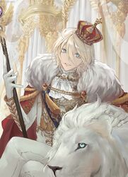  1boy animal ascot blonde_hair blue_eyes cloak crossed_legs crown ensemble_stars! fur-trimmed_cloak fur_trim gem gloves hair_between_eyes highres holding indoors lion long_sleeves male_focus parted_lips puff_(ksy61900) red_cloak scepter sitting smile tenshouin_eichi twitter_username white_gloves 