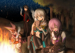  1boy 3girls armor bag baggy_clothes baggy_pants bare_shoulders black_armor black_bow black_dress black_hair black_jacket black_pants blush boobplate bow braid breasts campfire cleavage closed_eyes closed_mouth commentary_request cup dress fate/grand_order fate_(series) fire forest fujimaru_ritsuka_(male) fujimaru_ritsuka_(male)_(mage&#039;s_association_uniform) green_eyes green_necktie grey_hair habetrot_(fate) hair_between_eyes hair_ornament hair_over_one_eye hairbow half_up_braid hand_in_pocket hat highres holding holding_cup hood hood_down index_finger_raised jacket laughing long_hair long_sleeves looking_at_another mash_kyrielight medium_breasts morgan_le_fay_(fate) mug multiple_girls nature navel necktie night night_sky official_alternate_costume one_eye_covered open_clothes open_jacket open_mouth outdoors pants pink_dress pink_hair pink_headwear pocket pointy_ears red_shirt satchel shirt short_hair sidelocks sitting sky sleeveless sleeveless_dress smile star_(sky) starry_sky steam takoyaki_(spartan-201) tree wide_sleeves 