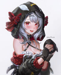  absurdres artofkuzu bare_shoulders belt black_belt black_collar black_gloves black_hair black_jacket blush bow breasts cleavage collar commentary english_commentary eye_mask female fingerless_gloves gloves grey_hair hair_ornament heart_collar highres holding holding_mask hololive hood hood_up jacket large_breasts long_sleeves looking_at_viewer mask medium_hair multicolored_hair nail_polish oerba_yun_fang off_shoulder open_mouth plaid plaid_bow red_bow red_eyes red_nails sakamata_chloe sakamata_chloe_(1st_costume) shirt simple_background smile solo stitches streaked_hair twitter_username unworn_mask upper_body virtual_youtuber white_background white_shirt x_hair_ornament 