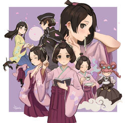  1boy 3girls black_hair black_headwear black_jacket crossdressing cup gyakuten_saiban hair_down hakama hakama_skirt highres holding holding_cup iris_wilson jacket japanese_clothes kimono long_hair multiple_girls multiple_views pink_hair qosic red_hakama rei_membami ryunosuke_naruhodo ryutaro_naruhodo sidelocks skirt susato_mikotoba teacup the_great_ace_attorney the_great_ace_attorney:_adventures the_great_ace_attorney_2:_resolve updo yellow_kimono 