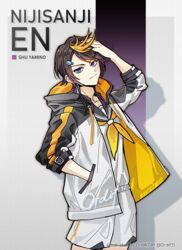  1boy artist_name black_hair black_hoodie character_name copyright_name cosplay fish_hair_ornament hair_behind_ear hair_ornament hand_in_own_hair hand_in_pocket hood hoodie leaning_back looking_at_viewer male_focus multicolored_hair nijisanji nijisanji_en orange_hair ordif petra_gurin petra_gurin_(cosplay) purple_eyes purple_hair sailor_collar shirt shorts shu_yamino smile solo streaked_hair two-tone_hoodie virtual_youtuber white_hoodie white_shirt white_shorts 