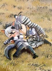  2girls aardwolf_(kemono_friends) aardwolf_print animal_ears animal_print armpits black_hair blush bodystocking chibi closed_eyes commentary counting day ear_blush elbow_gloves extra_ears fuji_takanasu full_body furrowed_brow gloves grass grey_hair hair_between_eyes highres kemono_friends kneeling knees_together_feet_apart layered_sleeves long_hair long_sleeves looking_at_another lying multicolored_hair multiple_girls necktie nose_blush on_back on_ground open_mouth outdoors pantyhose plains_zebra_(kemono_friends) print_gloves print_pantyhose print_shirt shirt short_over_long_sleeves short_sleeves shorts skirt sleeveless sleeveless_shirt smile streaked_hair striped_hair sweat tail two-tone_hair very_long_hair yellow_eyes zebra_ears zebra_print zebra_tail 