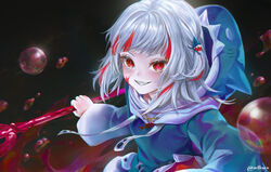  absurdres animal_hood artofkuzu black_background blood blood_on_face blue_hoodie blush bubble commentary female gawr_gura gawr_gura_(1st_costume) grey_hair grin hair_ornament highres holding holding_polearm holding_weapon hololive hololive_english hood hoodie long_sleeves looking_at_viewer multicolored_hair polearm red_eyes red_hair reflect_(gawr_gura) shark_hair_ornament shark_hood sharp_teeth smile solo streaked_hair teeth twitter_username upper_body virtual_youtuber weapon 