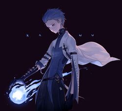  1boy arm_belt artist_name belt black_background blue_choker blue_eyes blue_fire blue_gloves blue_hair blue_theme choker clenched_hand closed_mouth dark fire fireball gloves hair_slicked_back highres kim_hana korean_commentary male_focus open_hand original simple_background sleeves_rolled_up solo tassel 