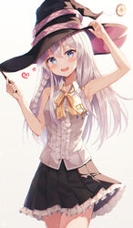  :d absurdres arm_up armpits bare_arms bare_shoulders black_hat black_skirt blue_eyes blush bow bowtie braid breasts center_frills collared_shirt commentary cowboy_shot elaina_(majo_no_tabitabi) female frilled_skirt frills hair_between_eyes hand_up haneiro hat heart highres holding holding_wand long_hair looking_at_viewer majo_no_tabitabi miniskirt open_mouth orange_bow orange_bowtie pleated_skirt shirt simple_background skirt sleeveless sleeveless_shirt small_breasts smile solo standing wand white_background white_hair white_shirt witch_hat 