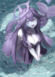  black_dress breasts cleavage colored_skin crossed_bangs dress facial_mark female fins fish_tail grey_skin grug_art halo highres horns indie_virtual_youtuber large_breasts long_hair megalodon_(vtuber) open_mouth partially_submerged purple_eyes purple_hair shark_girl shark_tail sharp_teeth single_horn solo tail teeth virtual_youtuber water 