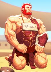  1boy angry armor bara bare_pectorals barefoot beard broken_armor commission defeat facial_hair fate/grand_order fate/zero fate_(series) full_beard highres iskandar_(fate) kneeling large_pectorals male_focus mature_male muscular muscular_male nipples pectorals red_hair sale second-party_source solo sweat thick_beard zelo-lee 