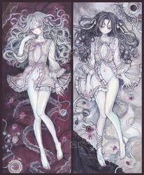  2girls acrylic_paint_(medium) barefoot black_hair bottle commentary_request cracked_skin cup doll expressionless flat_chest food frilled_nightgown fruit full_body grey_hair hair_spread_out highres long_hair looking_at_viewer lying multiple_girls navel nightgown on_back original painting_(medium) pale_skin perfume_bottle purple_eyes red_eyes strawberry sumire_shisei teacup traditional_media wavy_hair white_nightgown 