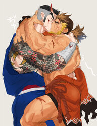  2boys another_eidos-r arm_tattoo bandaged_arm bandages bara biceps black_hair blonde_hair blood blue_kimono brown_hair chinstrap_beard closed_eyes grey_background highres horns hug injury japanese_clothes jinnosuke_(another_eidos) kimono kissing male_focus medium_hair multicolored_hair multiple_boys muscular muscular_male orange_kimono ponytail rasho_(another_eidos) rono_z scar scar_on_cheek scar_on_face short_hair simple_background tattoo thick_eyebrows thick_thighs thighs two-tone_hair very_short_hair yaoi 