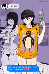  2girls absurdres alternate_breast_size black_hair blush breasts cellphone chainsaw_man chat_log collarbone commentary cross_scar crossed_arms denji_(chainsaw_man) english_commentary flip_phone grey_eyes here&#039;s_johnny!_(meme) highres holding holding_phone large_breasts meme messy_hair mitaka_asa multiple_girls orange_shirt panties phone pingu pingu_(series) poster_(object) pout ringed_eyes scar scar_on_cheek scar_on_face scar_on_nose selfie shiny_skin shirt star_(symbol) sweat tears television the_shining troymaheza twitter_username underwear v-shaped_eyebrows yoru_(chainsaw_man) 