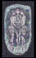  3girls absurdres acrylic_paint_(medium) ballerina ballet ballet_slippers bare_back blue_butterfly blue_eyes bug butterfly commentary_request cracked_skin doll en_pointe expressionless flat_chest flower flower_wreath full_body grey_hair head_wreath highres holding holding_hands holding_mirror leg_ribbon long_hair looking_at_viewer mirror multiple_girls one_eye_closed original painting_(medium) pale_skin pantyhose purple_ribbon red_flower red_rose ribbon rose sumire_shisei traditional_media tutu 