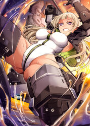  alice_gear_aegis araime_yasuri black_jacket blonde_hair blue_eyes breasts circle_cutout cleavage_cutout clothing_cutout companion/af covered_collarbone dark-skinned_female dark_skin female front_zipper full-length_zipper highleg highleg_leotard highres jacket large_breasts leg_armor leotard long_hair machinery mecha_musume race_queen sleeveless_turtleneck_leotard solo suga_leon turtleneck turtleneck_leotard two-tone_leotard white_leotard zipper zipper_leotard zipper_pull_tab 